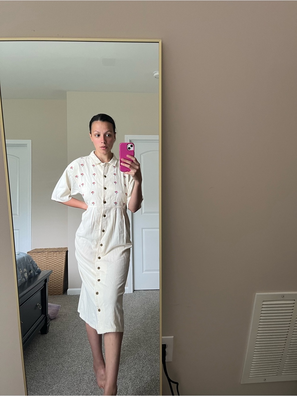 VTG 80s Orvis 100% Cotton Button Front Embroidered Midi Dress Grandmacore